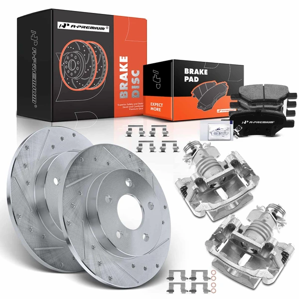 8 Pcs Rear Drilled Brake Rotors & Pads + Brake Calipers for 2006 Pontiac Pursuit