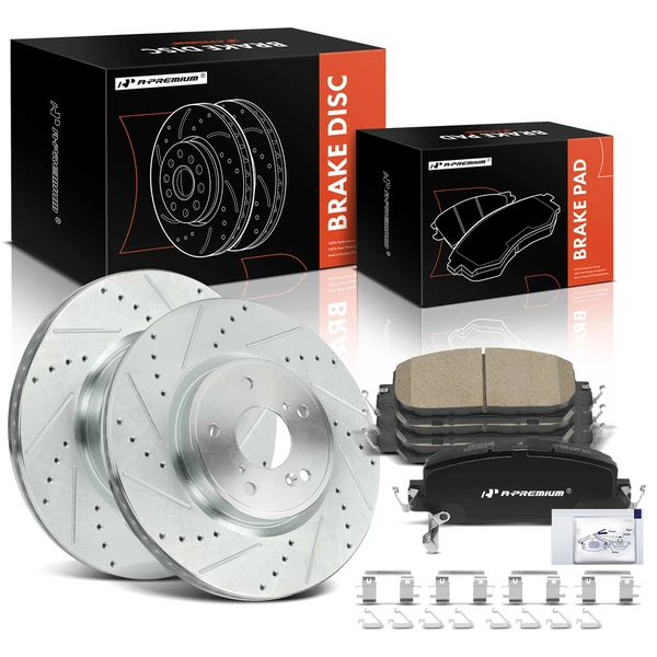 2017-2023 Honda CR-V Drilled & Slotted Disc Brake Rotors and Ceramic Pads Kit, 6 Pcs, Front Driver & Passenger, A-Premium, APBRPS1509