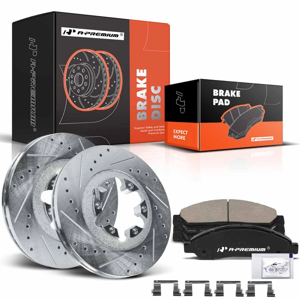 2004-2008 Chevrolet Colorado Drilled & Slotted Disc Brake Rotors and Ceramic Pads Kit, 6 Pcs, Front Driver & Passenger, A-Premium, APBRPS959