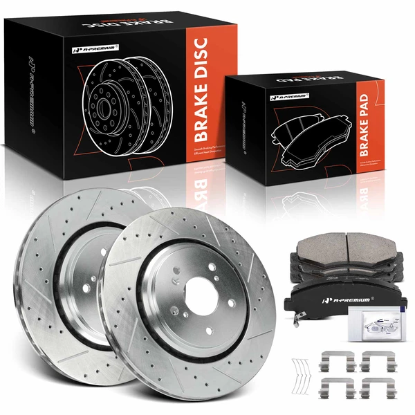 2015-2020 Acura TLX Drilled & Slotted Disc Brake Rotors and Ceramic Pads Kit, 6 Pcs, Front Driver & Passenger, A-Premium, APBRPS1223