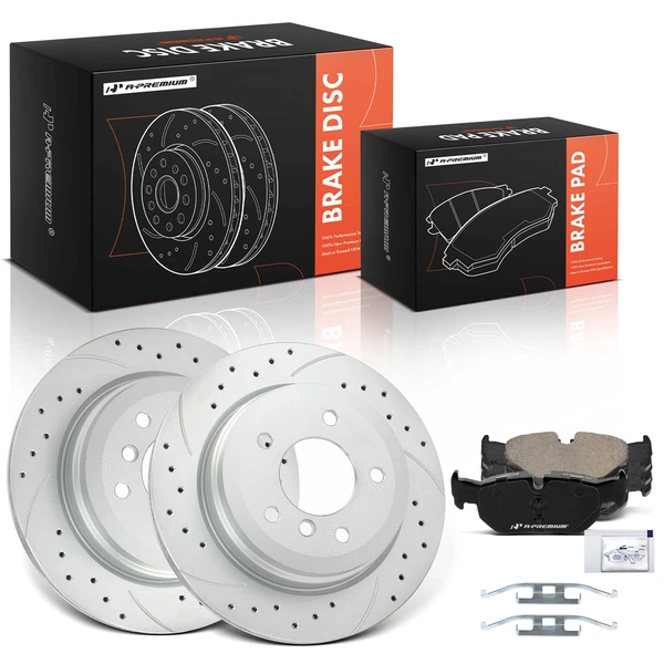 Drilled & Slotted Disc Brake Rotors and Ceramic Pads Kit, 6 Pcs, Rear Driver & Passenger, A-Premium, APBRPS1507