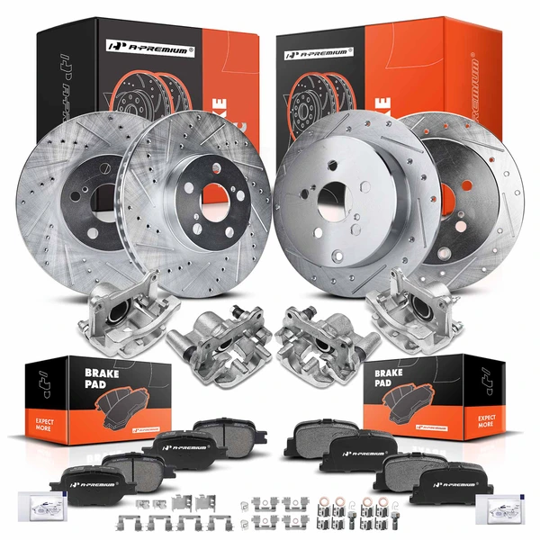 16 Pcs Front & Rear Drilled Brake Rotors & Pads + Brake Calipers for Scion tC 05-10
