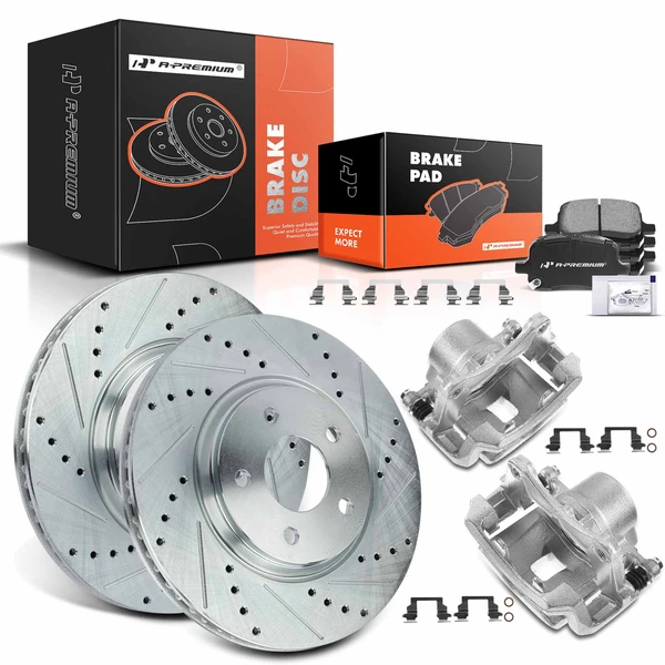 Drilled & Slotted Disc Brake Rotors and Ceramic Pads Kit with Calipers, 8 Pcs, Front Driver & Passenger, A-Premium, APBRPS520