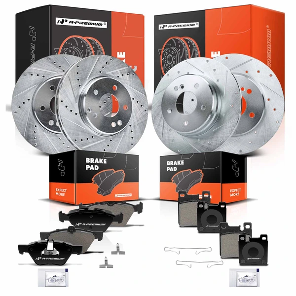 Drilled & Slotted Disc Brake Rotors and Ceramic Pads Kit, 12 Pcs, Front & Rear, A-Premium, APBRPS1052