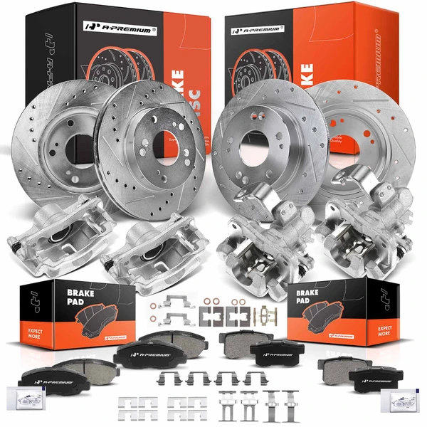 16 Pcs Front & Rear Drilled Brake Rotors & Pads + Brake Calipers for Honda Civic 06-11