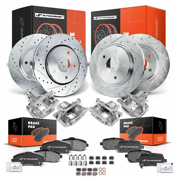 16 Pcs Front & Rear Drilled Brake Rotors & Pads + Brake Calipers for Chrysler Dodge