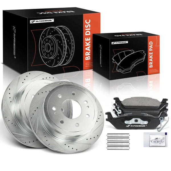 2006-2008 Lincoln Mark LT Drilled & Slotted Disc Brake Rotors and Ceramic Pads Kit, 6 Pcs, Rear Driver & Passenger, A-Premium, APBRPS1239