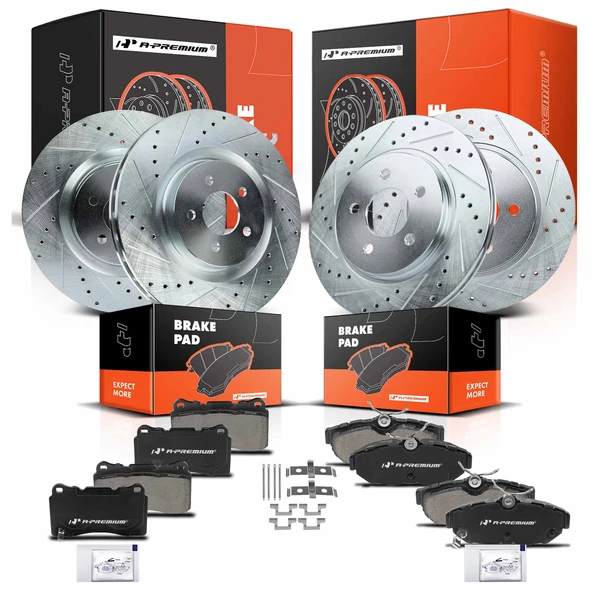 2011-2014 Ford Mustang Drilled & Slotted Disc Brake Rotors and Ceramic Pads Kit, 12 Pcs, Front & Rear, A-Premium, APBRPS1034