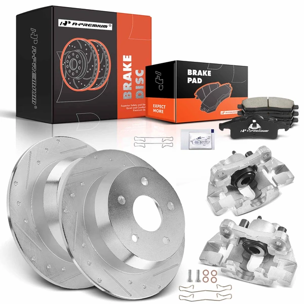 8 Pcs Rear Drilled Brake Rotors & Pads + Brake Calipers for Jeep Grand Cherokee 1999-2004