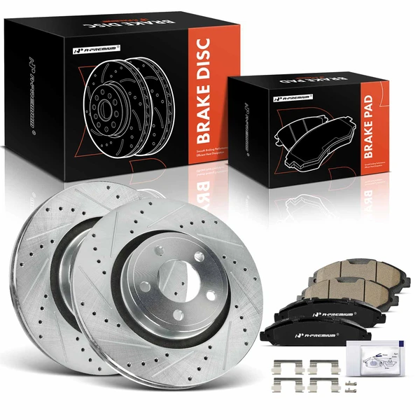 Drilled & Slotted Disc Brake Rotors and Ceramic Pads Kit, 6 Pcs, Front Driver & Passenger, A-Premium, APBRPS1577