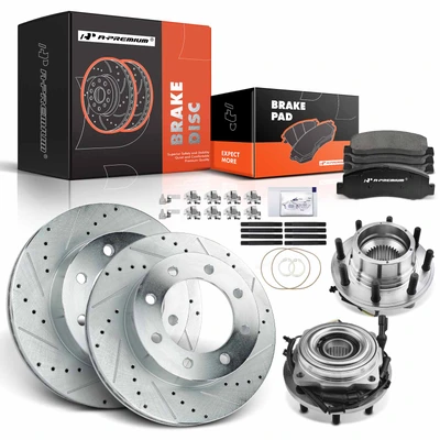 8 Pcs Front Drilled Brake Rotor & Pads + Wheel Hub Bearing