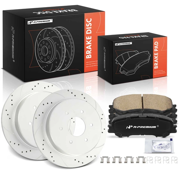 2017-2023 Nissan TITAN Drilled & Slotted Disc Brake Rotors and Ceramic Pads Kit, 6 Pcs, Rear Driver & Passenger, A-Premium, APBRPS1515