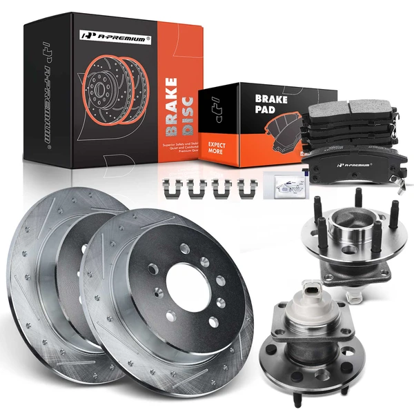 8 Pcs Rear Drilled Brake Rotor & Pads + Wheel Hub Bearing for Chevrolet Impala Buick