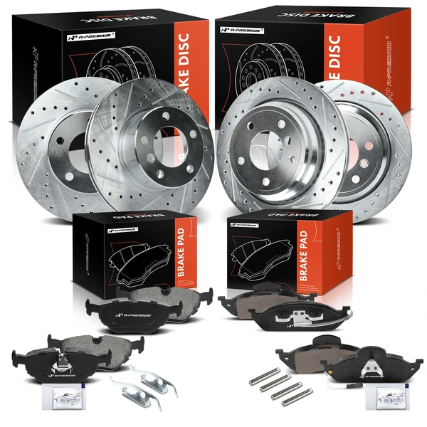 Drilled & Slotted Disc Brake Rotors and Ceramic Pads Kit, 12 Pcs, Front & Rear, A-Premium, APBRPS383