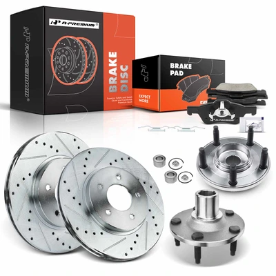 8 Pcs Front Drilled Brake Rotor & Pads + Wheel Hub Bearing