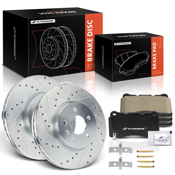 2013-2019 Cadillac ATS Drilled & Slotted Disc Brake Rotors and Ceramic Pads Kit, 6 Pcs, Front Driver & Passenger, A-Premium, APBRPS1572