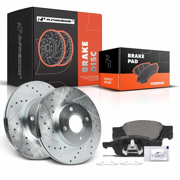 2005-2007 Ford Focus Drilled & Slotted Disc Brake Rotors and Ceramic Pads Kit, 6 Pcs, Front Driver & Passenger, A-Premium, APBRPS971