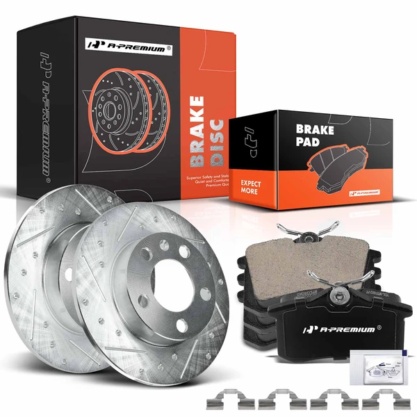 Drilled & Slotted Disc Brake Rotors and Ceramic Pads Kit, 6 Pcs, Rear Driver & Passenger, A-Premium, APBRPS975
