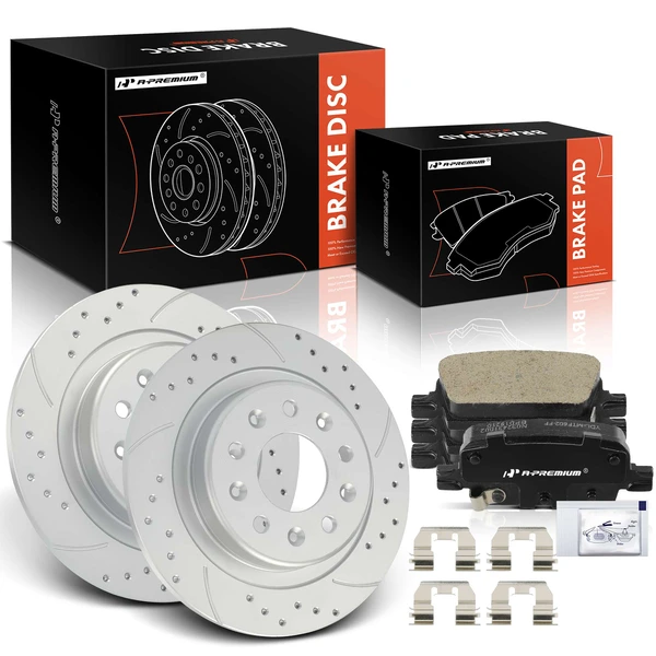 Drilled & Slotted Disc Brake Rotors and Ceramic Pads Kit, 6 Pcs, Rear Driver & Passenger, A-Premium, APBRPS1518