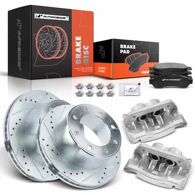 8 Pcs Rear Drilled Brake Rotors & Pads + Brake Calipers