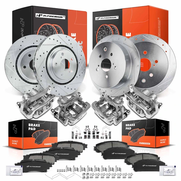 16 Pcs Front & Rear Drilled Brake Rotors & Pads + Brake Calipers for 2010-2012 Lexus RX350