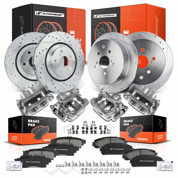 16 Pcs Front & Rear Drilled Brake Rotors & Pads + Brake Calipers for 2010-2012 Lexus RX350