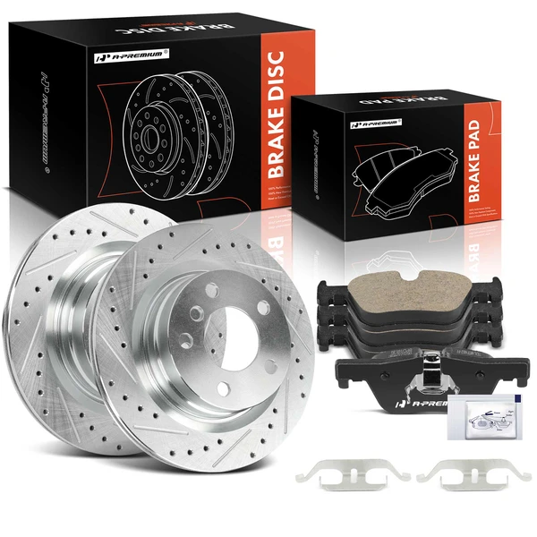 2012-2015 BMW 328i Drilled & Slotted Disc Brake Rotors and Ceramic Pads Kit, 6 Pcs, Rear Driver & Passenger, A-Premium, APBRPS1517