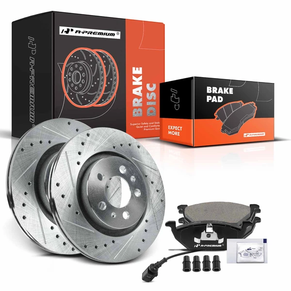 2007-2010 Volkswagen Golf City Drilled & Slotted Disc Brake Rotors and Ceramic Pads Kit, 6 Pcs, Front Driver & Passenger, A-Premium, APBRPS974
