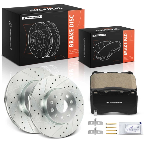 2015-2019 Cadillac CTS Drilled & Slotted Disc Brake Rotors and Ceramic Pads Kit, 6 Pcs, Front Driver & Passenger, A-Premium, APBRPS1573