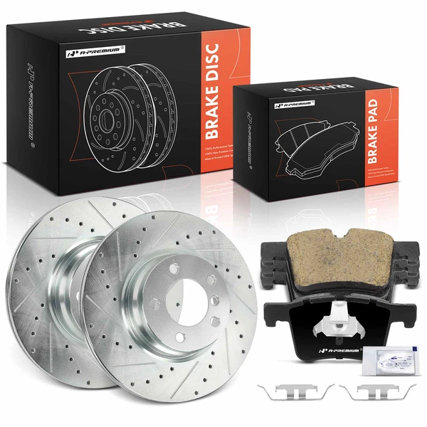 2014-2016 BMW 428i Drilled & Slotted Disc Brake Rotors and Ceramic Pads Kit, 6 Pcs, Front Driver & Passenger, A-Premium, APBRPS1521