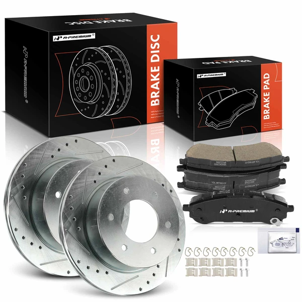 2019-2022 Ford Ranger Drilled & Slotted Disc Brake Rotors and Ceramic Pads Kit, 6 Pcs, Rear Driver & Passenger, A-Premium, APBRPS1578