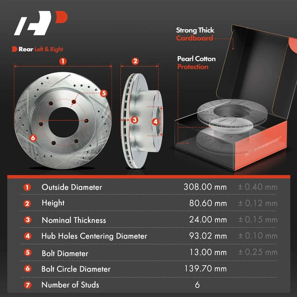 Drilled & Slotted Disc Brake Rotors and Ceramic Pads Kit, 6 Pcs, Rear Driver & Passenger, A-Premium, APBRPS1578