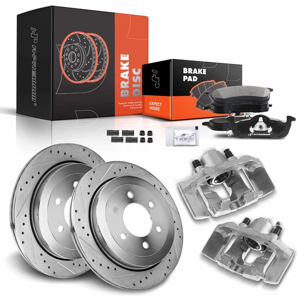 8 Pcs Rear Drilled Brake Rotors & Pads + Brake Calipers for 2007-2017 Ford Expedition