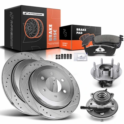 8 Pcs Rear Drilled Brake Rotor & Pads + Wheel Hub Bearing