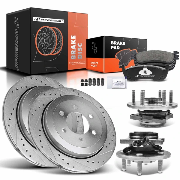 8 Pcs Rear Drilled Brake Rotor & Pads + Wheel Hub Bearing for Ford Expedition Navigator 11-14