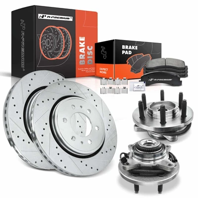 8 Pcs Front Drilled Brake Rotor & Pads + Wheel Hub Bearing