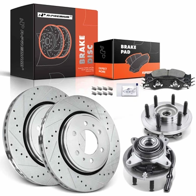 8 Pcs Front Drilled Brake Rotor & Pads + Wheel Hub Bearing