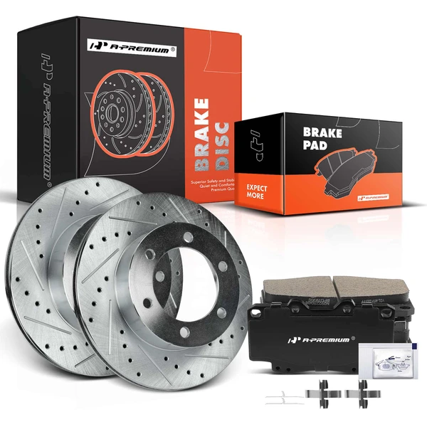 1999-2004 Toyota Tacoma Drilled & Slotted Disc Brake Rotors and Ceramic Pads Kit, 6 Pcs, Front Driver & Passenger, A-Premium, APBRPS618