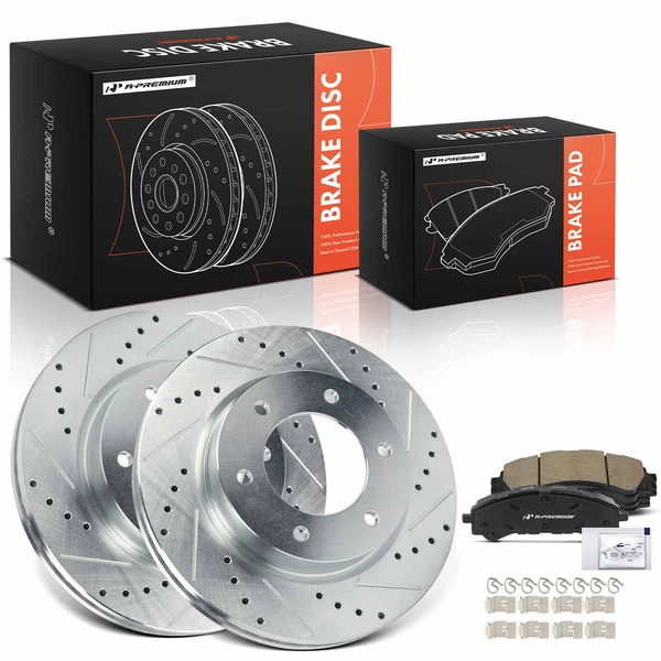 2021-2022 Ford Bronco Drilled & Slotted Disc Brake Rotors and Ceramic Pads Kit, 6 Pcs, Front Driver & Passenger, A-Premium, APBRPS1579