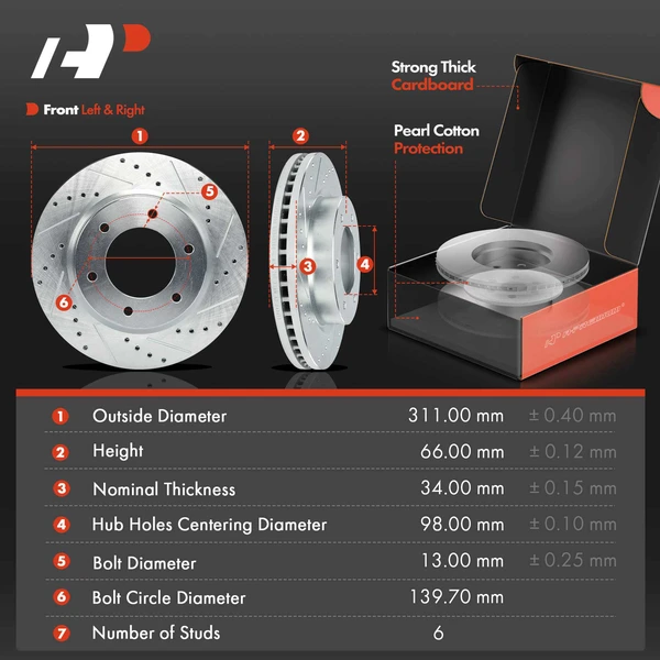 Drilled & Slotted Disc Brake Rotors and Ceramic Pads Kit, 6 Pcs, Front Driver & Passenger, A-Premium, APBRPS1579