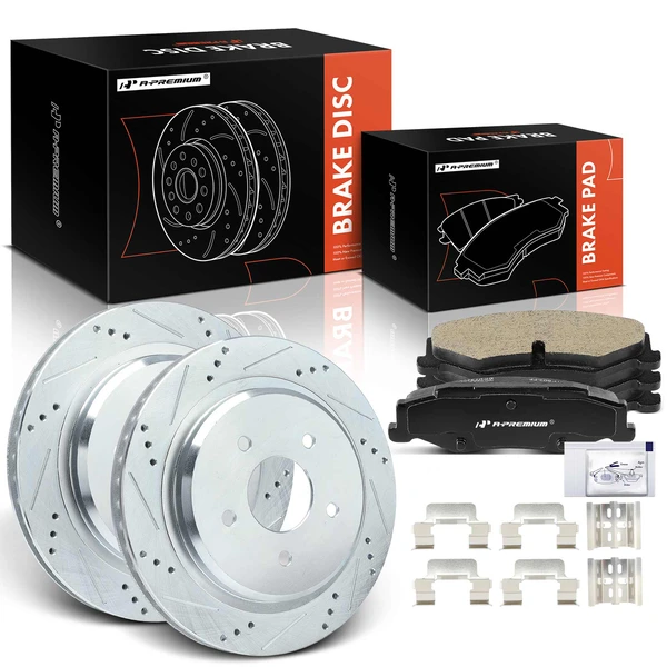 2004-2009 Cadillac XLR Drilled & Slotted Disc Brake Rotors and Ceramic Pads Kit, 6 Pcs, Rear Driver & Passenger, A-Premium, APBRPS1522