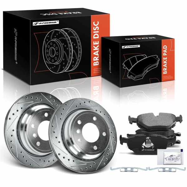 Drilled & Slotted Disc Brake Rotors and Ceramic Pads Kit, 6 Pcs, Rear Driver & Passenger, A-Premium, APBRPS399