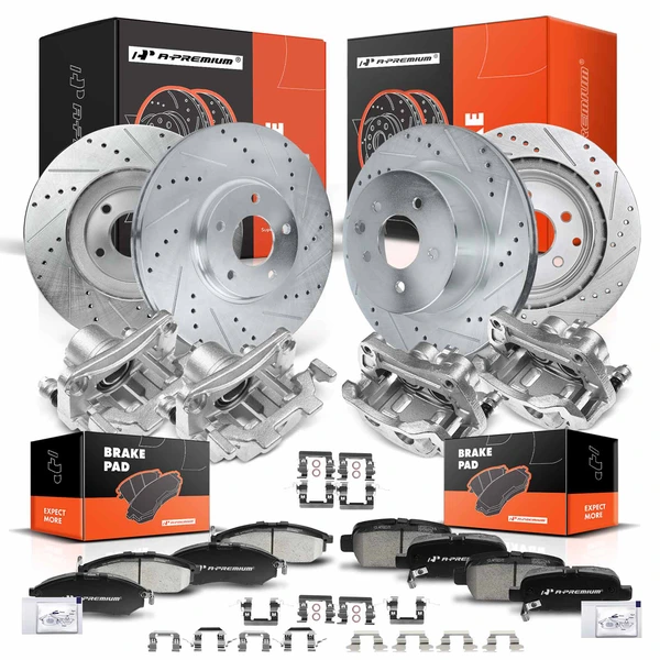 16 Pcs Front & Rear Drilled Brake Rotors & Pads + Brake Calipers for 2008-2012 INFINITI EX35