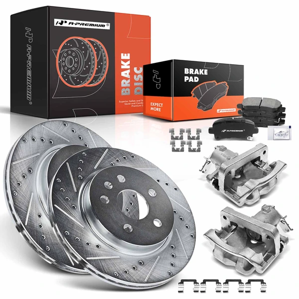 8 Pcs Rear Drilled Brake Rotors & Pads + Brake Calipers for 2010-2011 Buick LaCrosse