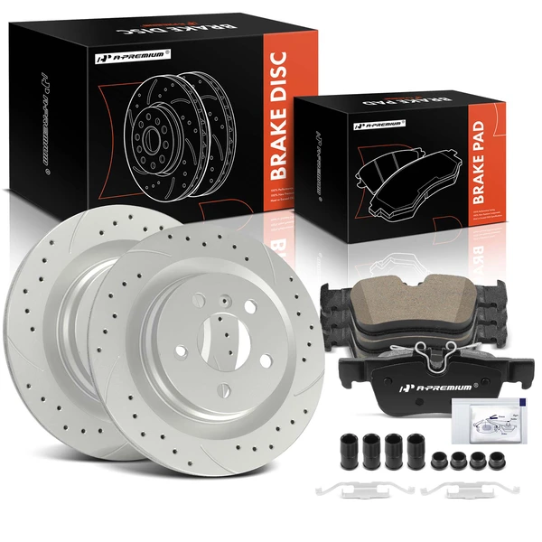 2019 Mini Cooper Clubman Drilled & Slotted Disc Brake Rotors and Ceramic Pads Kit, 6 Pcs, Rear Driver & Passenger, A-Premium, APBRPS1523