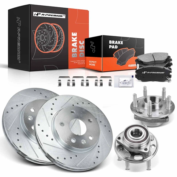 8 Pcs Front Drilled Brake Rotor & Pads + Wheel Hub Bearing for Buick LaCrosse Chevrolet Malibu