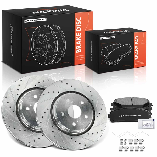 2020-2021 Toyota Camry Drilled & Slotted Disc Brake Rotors and Ceramic Pads Kit, 6 Pcs, Front Driver & Passenger, A-Premium, APBRPS1527