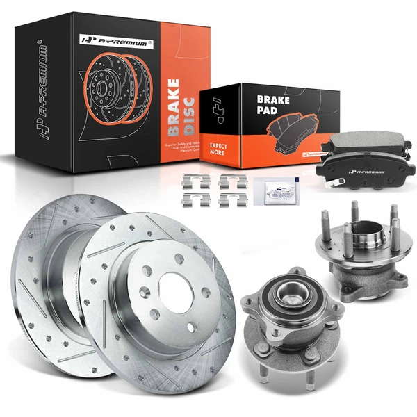 2011-2012 Chevrolet Cruze Drilled & Slotted Disc Brake Rotors and Ceramic Pads Kit with Calipers, 8 Pcs, Rear Driver & Passenger, A-Premium, APBRPS576