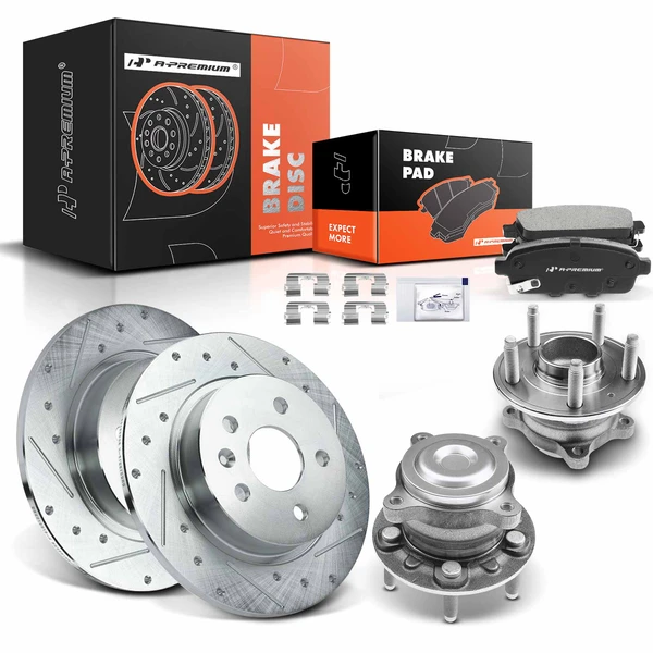 2013-2015 Chevrolet Cruze Drilled & Slotted Disc Brake Rotors and Ceramic Pads Kit with Calipers, 8 Pcs, Rear Driver & Passenger, A-Premium, APBRPS577