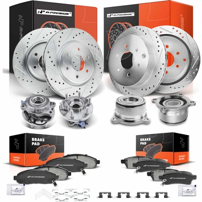 16 Pcs Front & Rear Drilled Brake Rotor & Pads + Wheel Hub Bearing